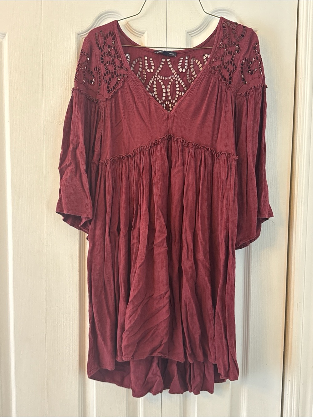 American Eagle Women's Wine Red Crochet Yoke Boho Dress